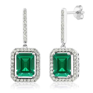 2.9ct Drop Earrings Green Emerald Cut Diamond Halo Stylish 14k White Gold Finish