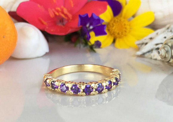 1.2ct Wedding Band Round Cut Purple Amethyst Half Eternity 14k YellowGold Finish