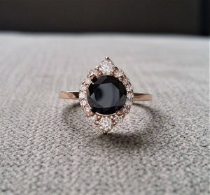 3Ct Round Black Diamond Crown Halo Solitaire Engagement Ring 14K Rose Gold Over