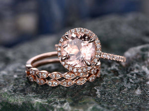 3Ct Round Cut Peach Morganite Trio Bridal Set Engagement Ring 14K Rose Gold Over