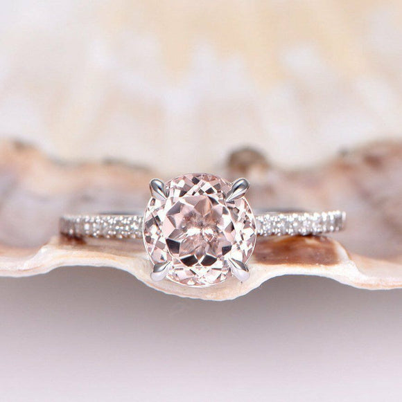 1.5ct Round Cut Peach Morganite Prong Set Engagement Ring 14k White Gold Finish