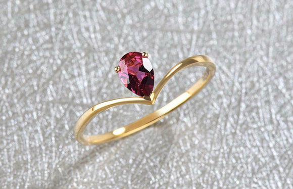 0.75ct Pear Cut Pink Ruby Wedding Band Ring V Shape Curved 14k YellowGold Finish