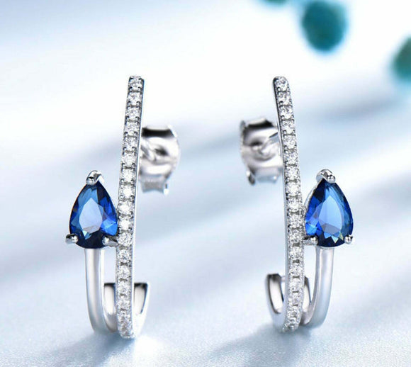 2ct Drop Earrings Pear Cut Blue Sapphire Petite Floral 14k White Gold Finish