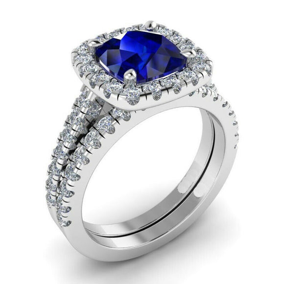 2ct Cushion Cut Blue Sapphire Diamond Halo Bridal Set Ring 14k White Gold Finish