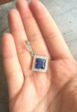 1.5ct Blue Sapphire Pendant Princess Diamond Halo 14k White Gold Finish NO CHAIN