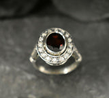 2.7ct Oval Cut Red Garnet Vintage Inspired Halo Ring 14k White Gold Finish