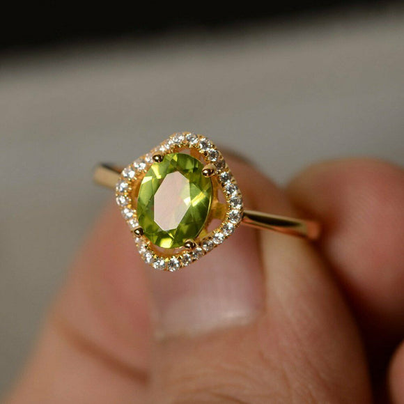 1ct Oval Cut Green Peridot Engagement Ring 14k YellowGold Finish Halo Solitaire