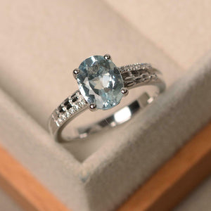 2ct Oval Cut Blue Aquamarine Solitaire Round Accent Ring 14k White Gold Finish