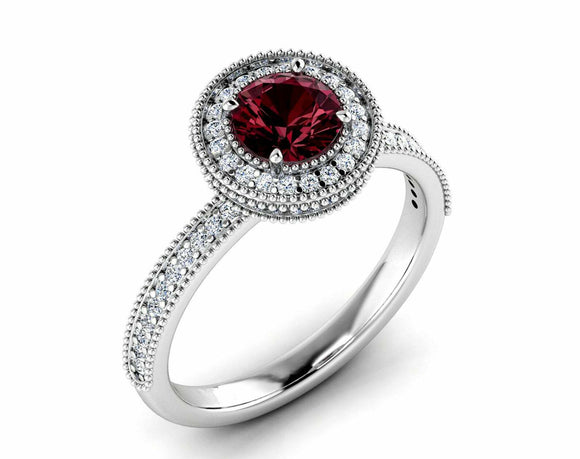 2ct Round Cut Red Garnet Halo Milgrain Accent Engagement Ring 14k WhiteGold Over