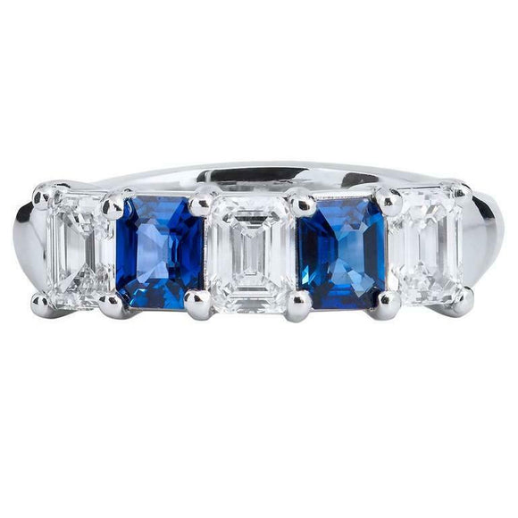 3ct Emerald Cut Blue Sapphire Alternate Diamond Wedding Band 14k White Gold Over