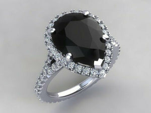 1.6ct Pear Cut Black Diamond Accents Halo Engagement Ring 14k White Gold Finish