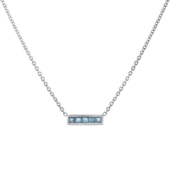 1ct Princess Cut Blue Aquamarine Pendant Chain Horizontal Bar 14k WhiteGold Over