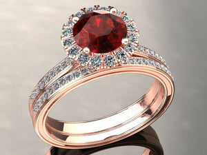 2.7ct Round Red Ruby Engagement Ring Diamond Halo Bridal Set 14k Rose Gold Over