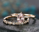 1Ct Pear Peach Morganite Bridal Set Solitaire Engagement Ring 14K Rose Gold Over