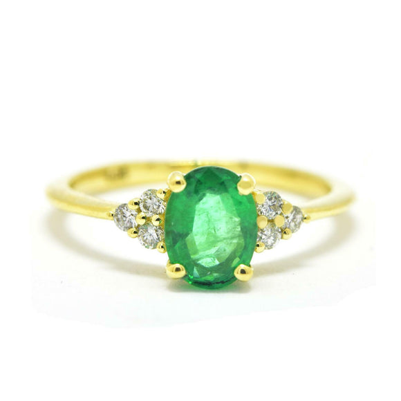 1ct Oval Cut Green Emerald Diamond Petite Engagement Ring 14k Yellow Gold Finish