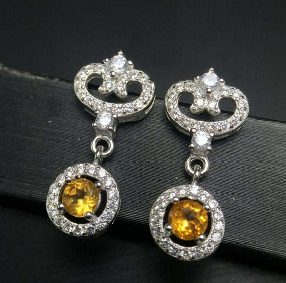 3.5ct Drop Earrings Round Cut Yellow Citrine Royal Halo 14k White Gold Finish