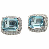 2ct Emerald Cut Blue Aquamarine Diamond Halo Stud Earrings 14k White Gold Finish