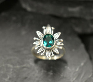 1ct Engagement Ring Oval Cut Green Emerald Leaf Floral 14k White Gold Finish