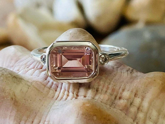 2.2ct Engagement Ring Emerald Cut Peach Morganite Trilogy 14k White Gold Finish