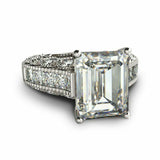 4Ct Emerald Cut Diamond Milgrain Vintage Engagement Ring 14K White Gold Finish