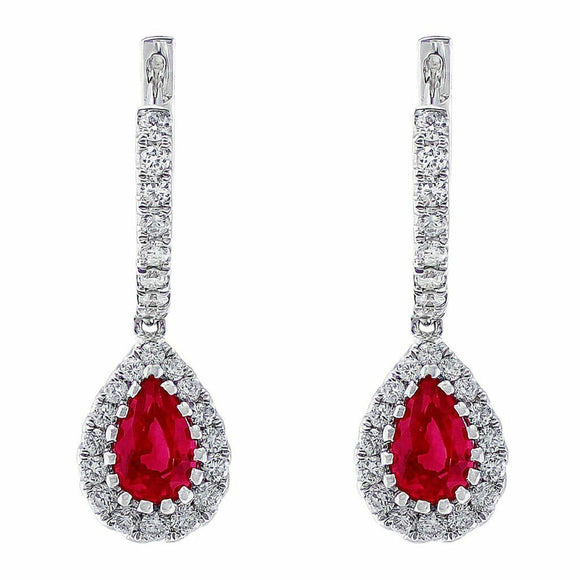 3Ct Pear Cut Pink Ruby Halo Vertical Bar Drop Earrings 14K White Gold Finish