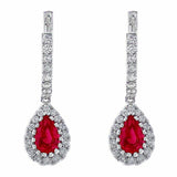 3Ct Pear Cut Pink Ruby Halo Vertical Bar Drop Earrings 14K White Gold Finish