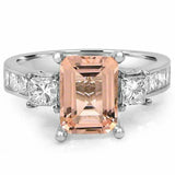 4Ct Emerald Cut Morganite Engagement Ring 14K White Gold Finish Princess Accents