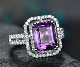 2.5Ct Emerald Cut Purple Amethyst Dual Halo Engagement Ring 14K White Gold Over