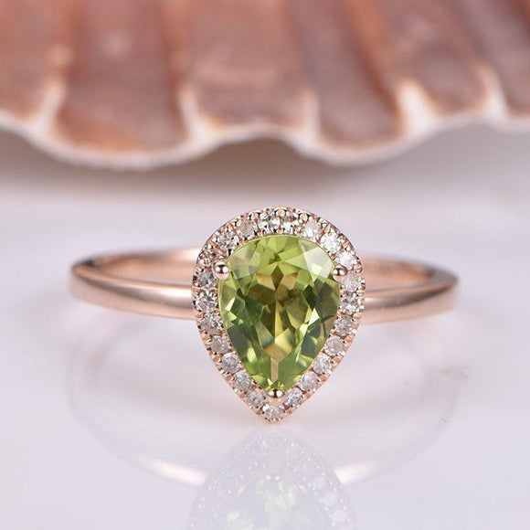 1ct Pear Cut Green Peridot Halo Solitaire Engagement Ring 14k Rose Gold Finish