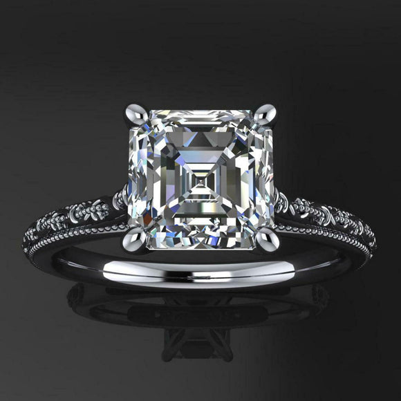 Vintage Milgrain Engagement Ring 1.6ct Asscher Cut Diamond 14k White Gold Finish