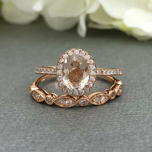 2ct Oval Cut Peach Morganite Halo Bridal Set Engagement Ring 14k RoseGold Finish