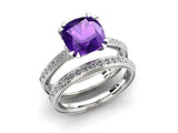 2ct Cushion Purple Amethyst Diamond Accent Bridal Set Ring 14k White Gold Finish