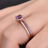 1.6ct Round Purple Amethyst Halo Bridal Set Engagement Ring 14k Rose Gold Finish