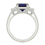 3ct Emerald Cut Blue Sapphire Engagement Ring Diamond Trilogy 14k WhiteGold Over