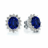 2Ct Oval Cut Blue Sapphire Diamond Halo Floral Stud Earrings 18K White Gold Over