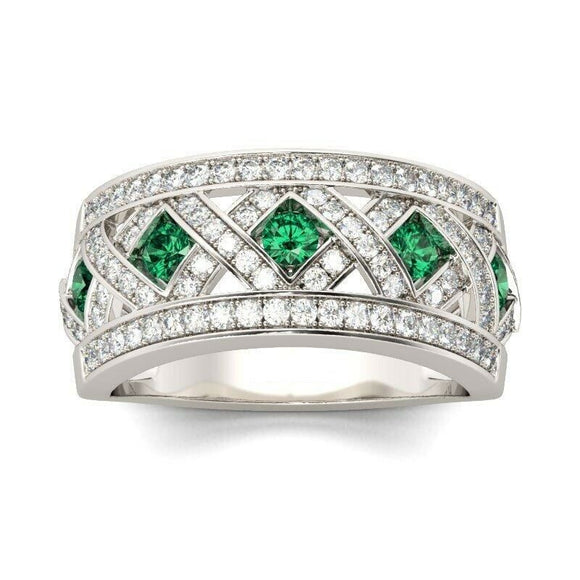 4Ct Round Cut Green Emerald Diamond Square Wedding Band Ring 14K White Gold Over