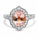 2.3Ct Oval Cut Peach Morganite Vintage Halo Engagement Ring 14K White Gold Over