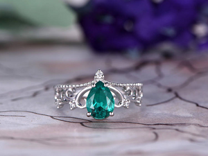 1ct Pear Cut Green Emerald Engagement Ring Crown Milgrain 14k White Gold Finish