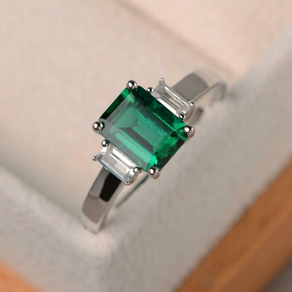 2ct Green Emerald Cut Baguette Accent Trilogy Engagement Ring 14k WhiteGold Over