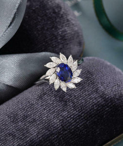 2.2ct Oval Blue Sapphire Diamond Floral Halo Engagement Ring 14k White Gold Over