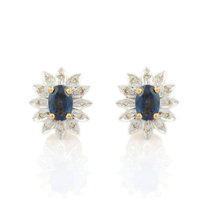 2.3ct Stud Earrings Oval Cut Blue Sapphire Floral Halo 14k Yellow Gold Finish