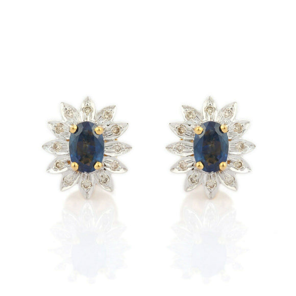 2.3ct Stud Earrings Oval Cut Blue Sapphire Floral Halo 14k Yellow Gold Finish