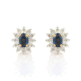 2.3ct Stud Earrings Oval Cut Blue Sapphire Floral Halo 14k Yellow Gold Finish