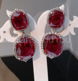 2ct Cushion Simulated Ruby Party Wear Halo Drop Earrings 14k White Gold Plated