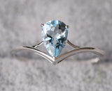 0.5ct Pear Cut Blue Aquamarine Wedding Band V Shape Curved 14k White Gold Finish