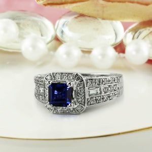 4Ct Princess Cut Blue Sapphire Diamond Accents Halo Ring 14K White Gold Finish