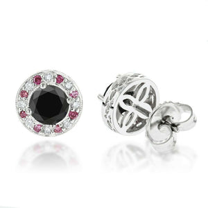 2Ct Round Cut Black Diamond Ruby Halo Vintage Stud Earring 14K White Gold Finish