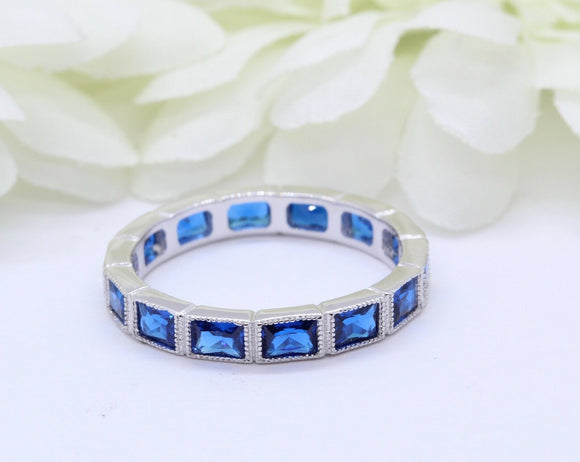 4Ct Baguette Cut Blue Sapphire Milgrain Eternity Wedding Band White Gold Finish