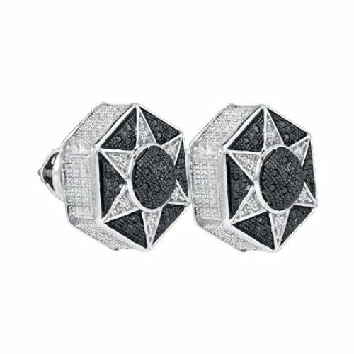 5ct Round Cut Black Diamond Iced Star Design Stud Earrings 14k White Gold Finish