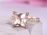 2.3ct Princess Cut Peach Morganite Hidden Halo Engagement Ring 14k RoseGold Over